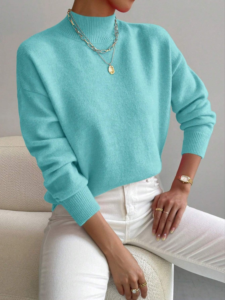 Women's Pullover Sweater Casual Solid Color Mid-high Neck Long-sleeved Knitted Tops Clothing