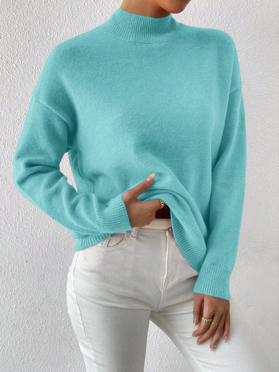 Women's Pullover Sweater Casual Solid Color Mid-high Neck Long-sleeved Knitted Tops Clothing