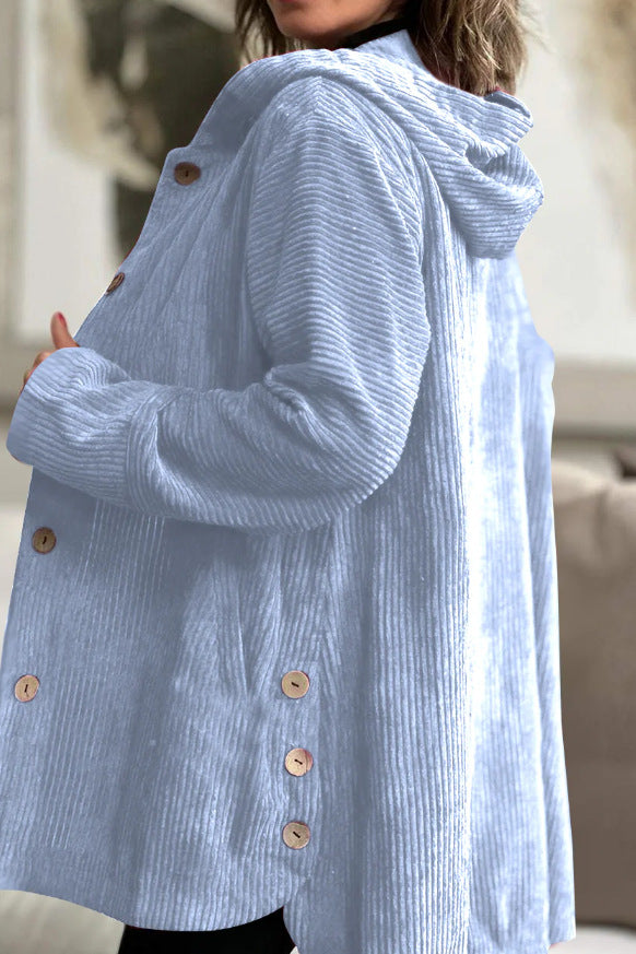 Women's Corduroy Hooded Jacket Fashion Warm Pockets Button Mid-length Top Casual Fall Winter Outwear Clothing